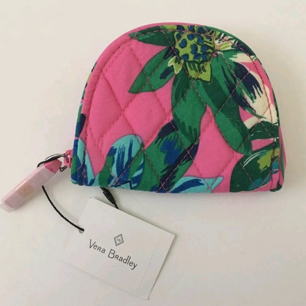 Vera Bradley Tropical Paradise Zip Coin Purse Pink Green Floral Print NWT